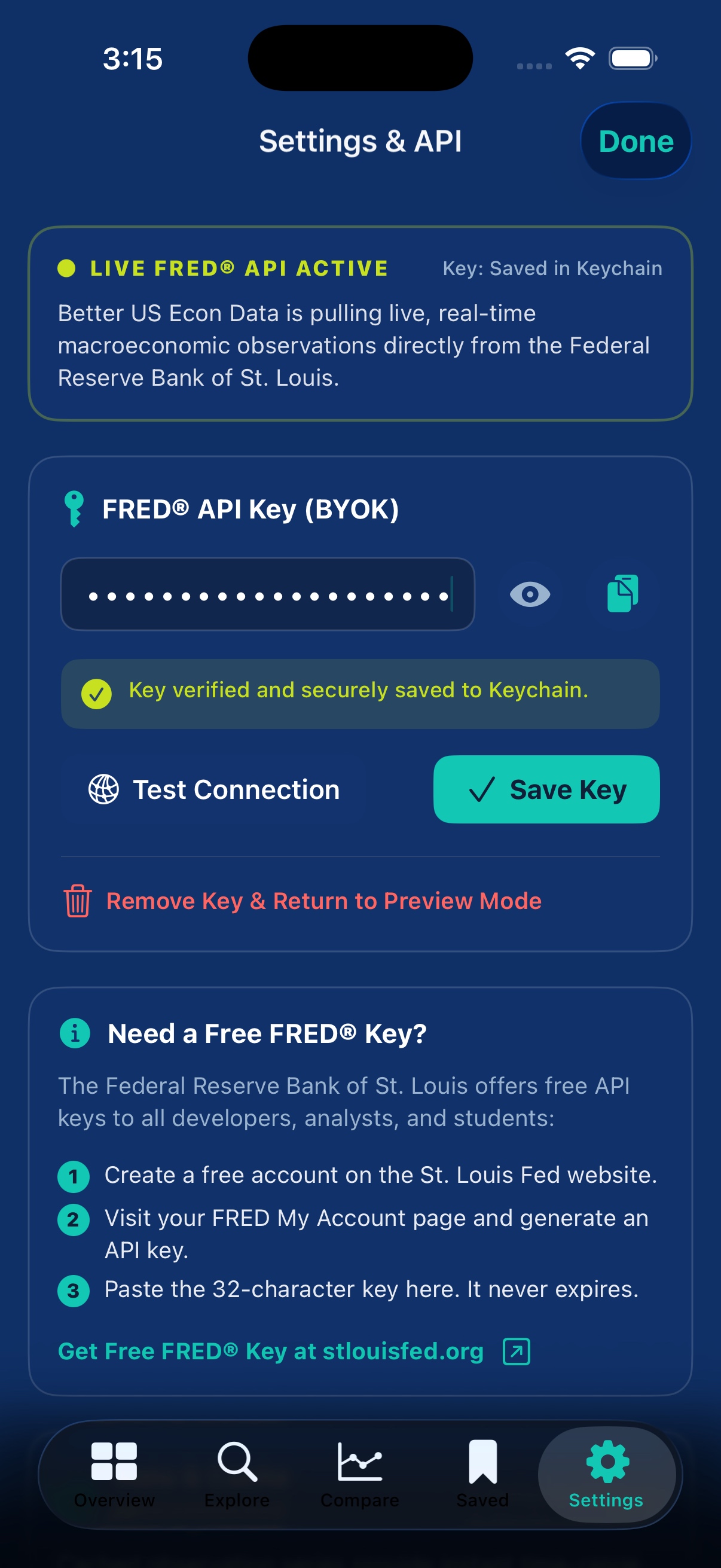 Keychain BYOK Settings Screenshot